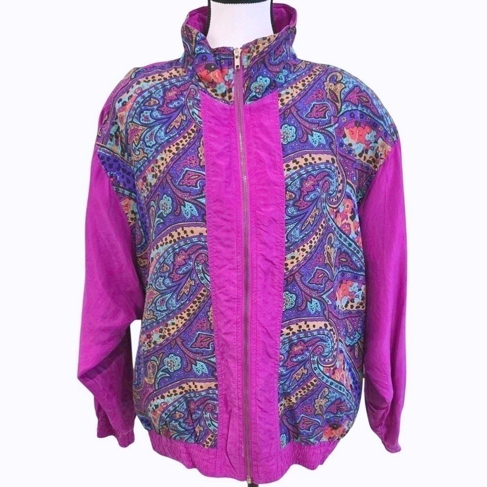 VTG 90s Lavon 100% Silk Paisley Windbreaker Purple Boho Jacket M